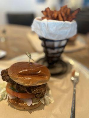 Hot Fried Chicken Sandwich with sweet potato fries.