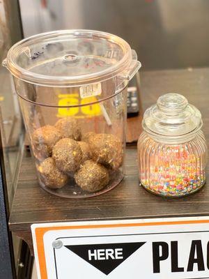 Don't forget to throw some palate-cleansing sanf(?) in your mouth. And we called the tasty balls on the left "dirt doughnuts."