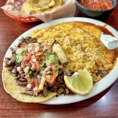 Carne Asada Taco and Cheese Enchilada