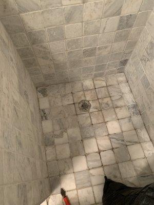 Shower where drain backed up after toilet was flushed