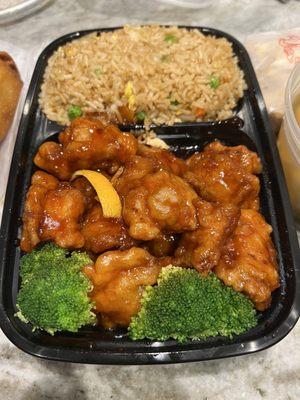 Orange chicken and fried rice. The fried rice is bland.