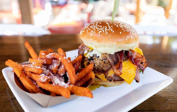 hangover burger with sweet potato fries