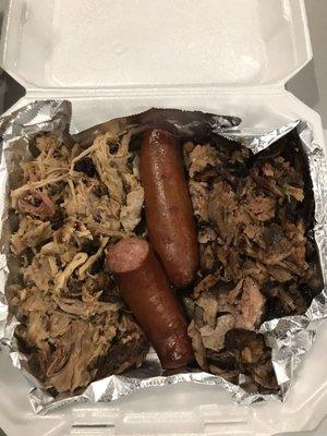 Three meat platter - Pulled pork, smoked sausage and chopped beef.