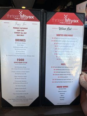 Happy hour menu and drinks menu