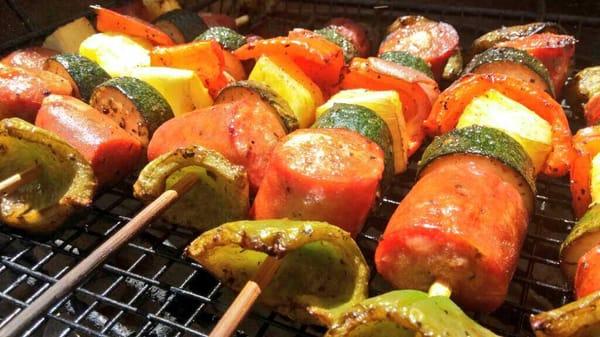 Skewers with Mad Mike's Tri-Pepper Sausage...so good!