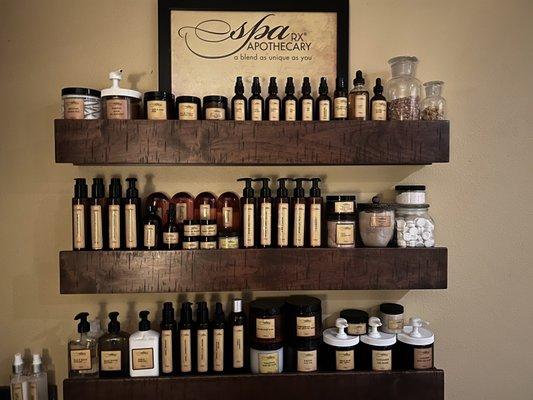 Apothecary wall of Spa Rx products