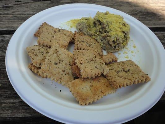 whole wheat crackers and eggplant hummus