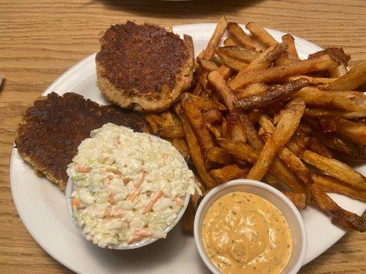 crab cakes, cole slaw, fries