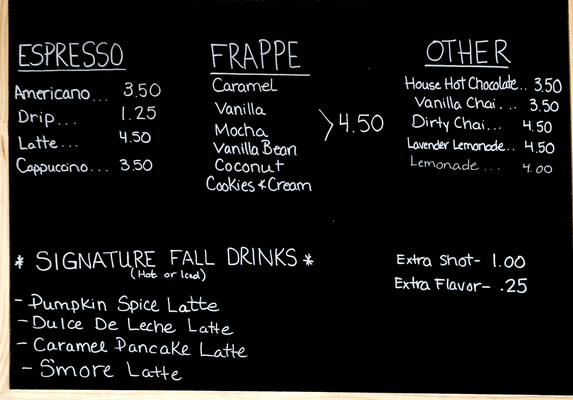 Coffee menu