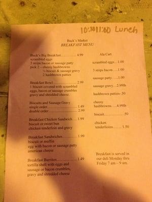 Buck's deli has a weekday breakfast menu. Haven't tried it but looks good!