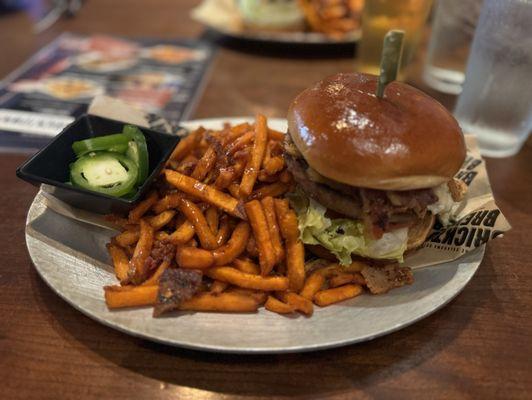 Bleu Ribbon Burger Sweet Potato Fries with bacon and caramelized onions $20