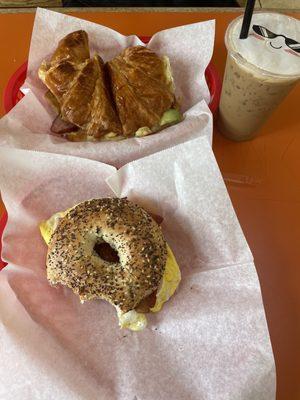 Bacon egg & cheese bagel and croissant