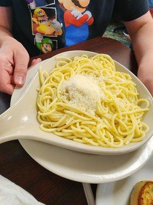 Special ordered pasta. Noodles, butter and parmesean cheese.