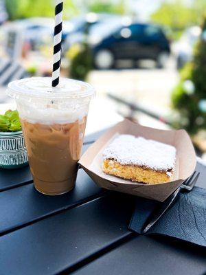 Trying the new spring beverages! Iced white mocha with lavender cold foam + coffee cake!