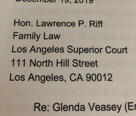 This is the contact for the supervising judge for Los Angeles family law