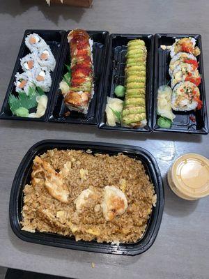 To-Go Order...Chicken Fried Rice, YumYum Sauce, Philly Roll, Godzilla Roll, Hot Chicks Roll, Spider Roll