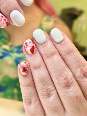 BIAB Manicure with Halloween nail art (blood splatters made with gel polish)