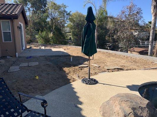 Unfinished wall, sprinklers, drains, walkway and sod