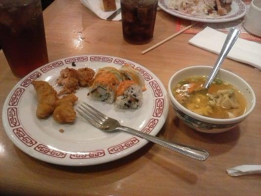 Sushi, sweet tea, bits from the buffet, and some wonton-eggdrop soup.