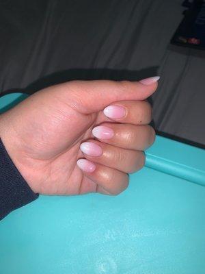 Almond-shaped, pink to white ombré dip powder nails