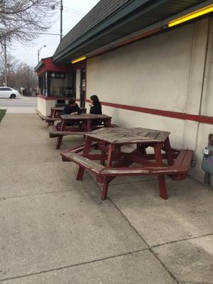 Outdoor seating on the Keating side