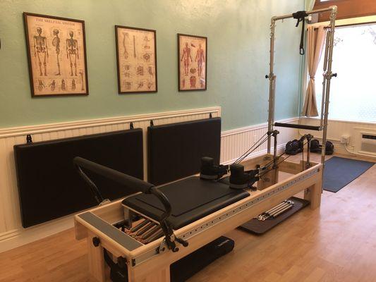 Top-of-the-line Pilates reformer allows for many movement and exercise options.