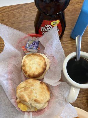 Two biscuits with the two egg breakfast. They were very soft and delicious with the perfect amount of done-ness on top.