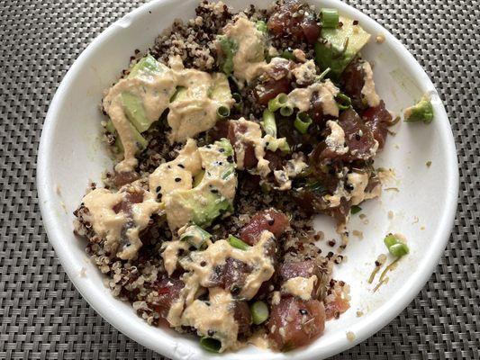 Ahi Tuna bowl, jasmine rice replaced with Quinoa.