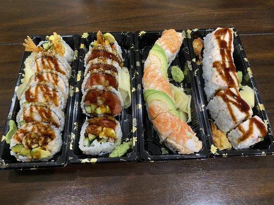 Left to Right: Shrimp Tempura Lover, Tiger Roll, Arizona Sunset, Phoenix Roll