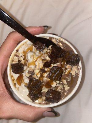 peanut butter and chocolate frozen yogurt topped with brownie, caramel, and roasted almonds.