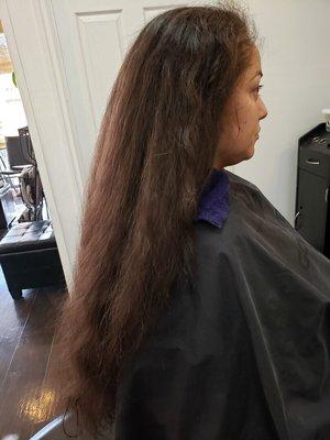 Air dried hair ( frizz and puffy ) before straightening perm treatment