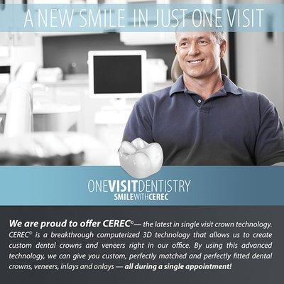 Here at Jonathan Eagle DDS, we offer CEREC -- the latest in single visit crown technology.