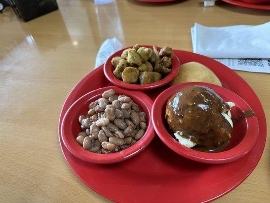 Pinto Beans, Fried Okra and Mashes Potatoes with Brown Gravy