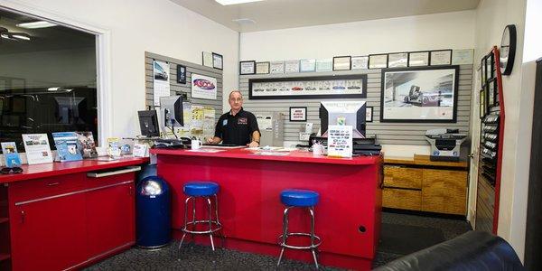 Swiss Motos Reception Desk.