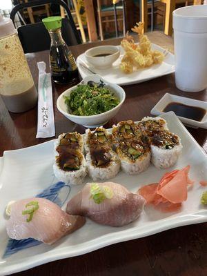 Yellowtail sushi! Smoked salmon steak roll, shrimp tempura. Seaweed salad. All delish!