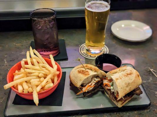 Mushroom Baguette w/fries and Lua Brewing Co Hoppy Pilsner