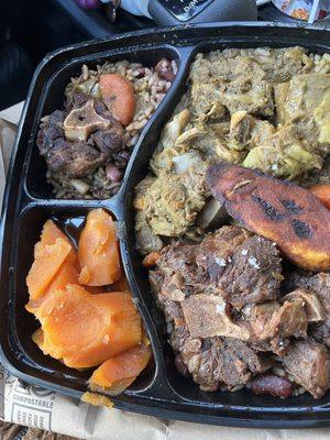 Combo meat oxtail and curry goat, sweet potato