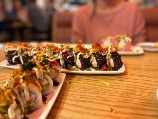 Rainbow roll, California roll and tempura roll