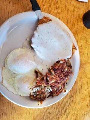 Eggs, country fried steak, hash browns