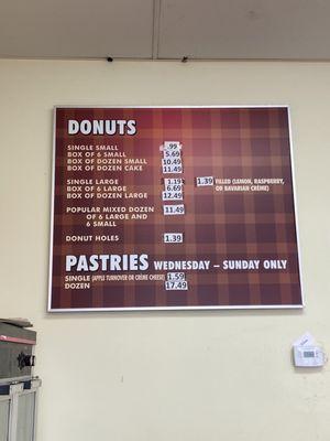 Menu for donuts and pastries. Price seems reasonable.