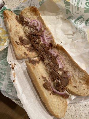 Steak and cheese ?! Where's the cheese and the steak? $9.59 hardly any neat