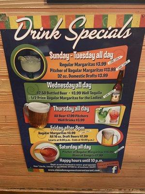 Weekly drink specials