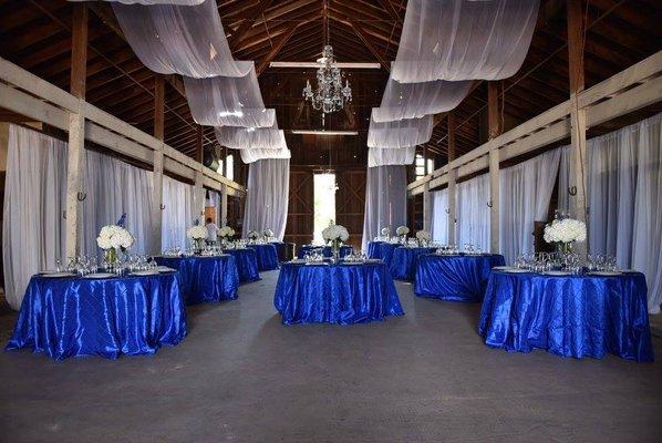 Royal Blue Barn wedding with ceiling drapes