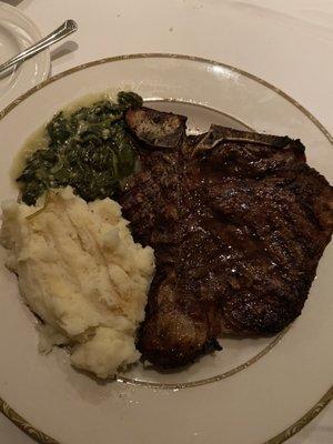 T-Bone with mashed potatoes and creamed spinach