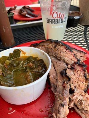 Brisket with Collard Greens with Pork and lemonade.