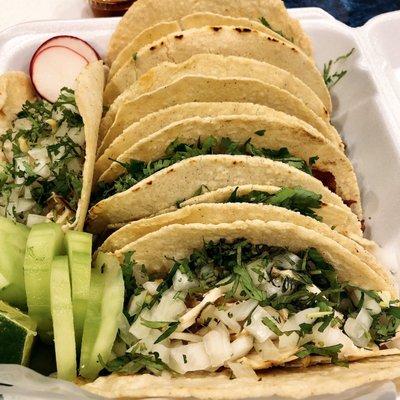 chicken, steak, chorizo, and al pastor tacos Beautiful, tasty take-out tacos - and friendly, attentive service!