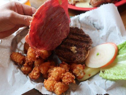 Fitz's burger - 1/2 lb  burger, corned beef, swiss cheese, and thousand island dressing.