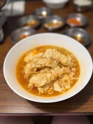 Spicy Ramen with Shrimp Tempura and two eggs added