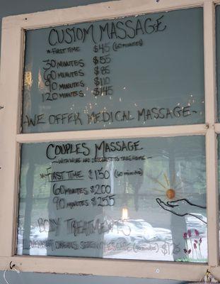 Massage prices July 2023