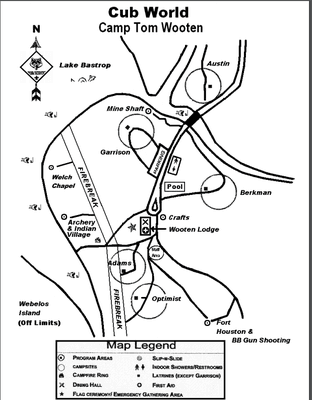 Cub World map. This is the southeast section of the Lost Pines Scout Reservation property where the younger boys (Cub Scouts) camp.